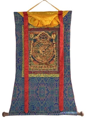 SAMSARA WHEEL OF LIFE BHAVACAKRA MANDALA TIBETAN THANGKA WITH KHADI SILK BROCADE