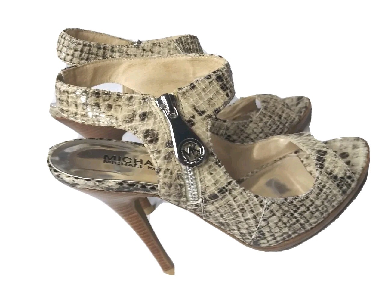 Michael Kors  Heels Womens Shoes Size 7M Peeptoe Python Print Beige & Black