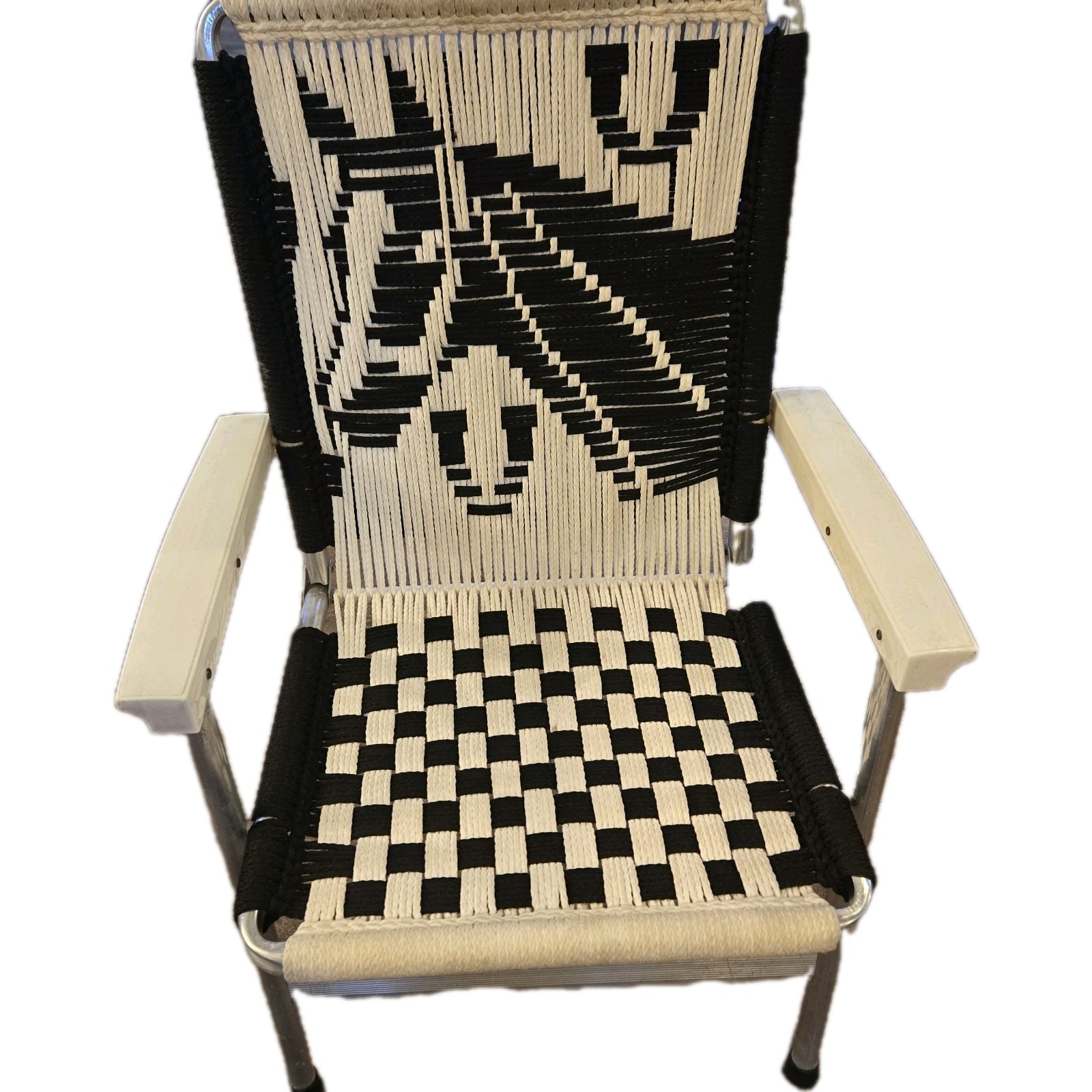 Silla de Césped Macramé Plegable Caballo Blanco y Negro Marco de Aluminio Campamento Piscina Patio