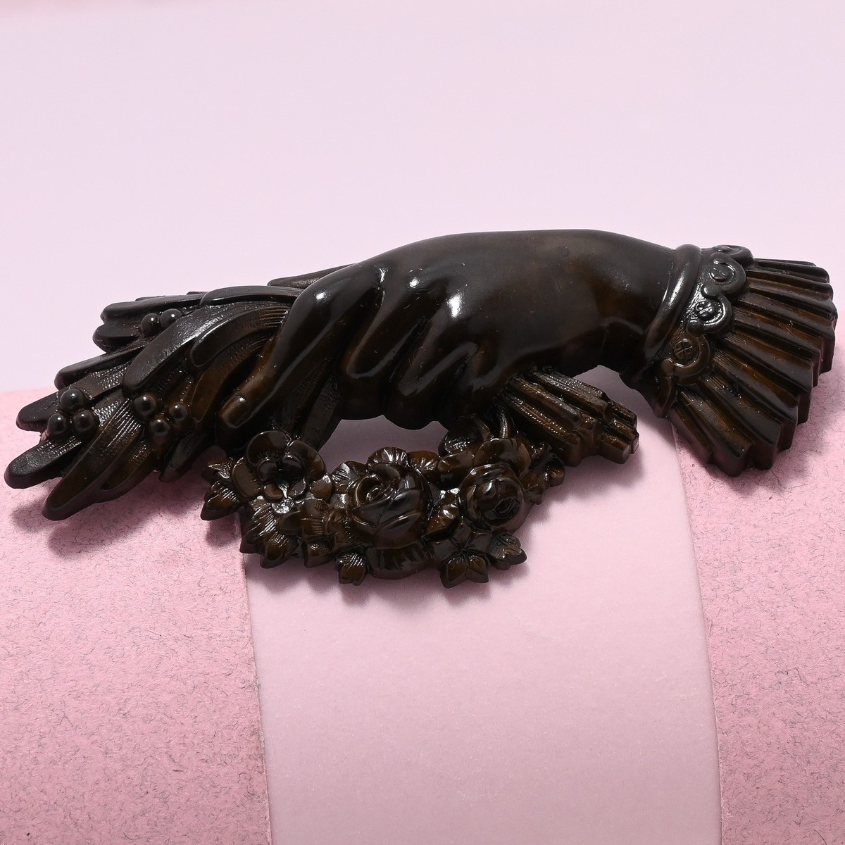 Antique Victorian Mourning Large Hand Holding Wreath Vulcanite