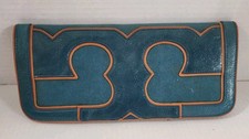 Tory Burch Serif Miller Logo Clutch French Teal Leather Folding Purse Pocket