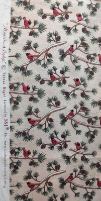 1 Meter Patchworkstoff Teresa Kogut ''Moosehead Lodge'' Kardinalsvögel auf beige