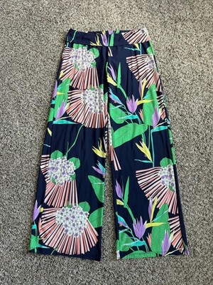 Trina Turk Tropical Stretch Roll-Top ''Midnight Paradise'' Wide Leg Pants Size S