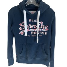 Superdry Real Floral Logo Pullover Hoodie Navy Blue Small Cotton Blend