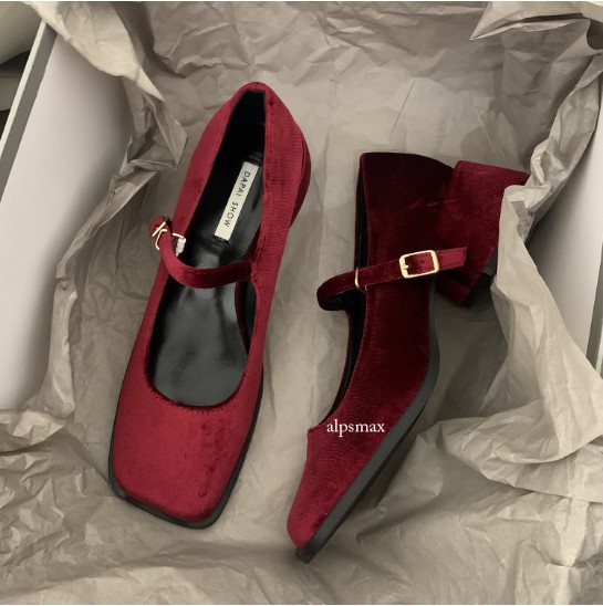 Womens Mary Jane Casual Square Toe Shoes Retro Velvet Comfort Mid Block Heels