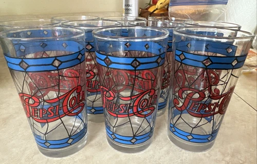 10) Vintage, 1970’s, 12 oz. Pepsi Cola Stained Glass, Tiffany Style, Glasses