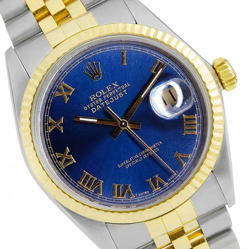 Rolex Mens Datejust 16013 Two-Tone 18KY & Steel Blue Roman Dial