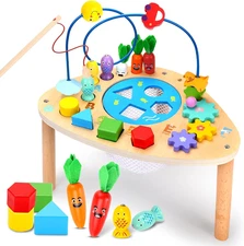 Activity Table for 1+ Year Old, 6 in 1 Wooden Montessori Activity Center Play Ta