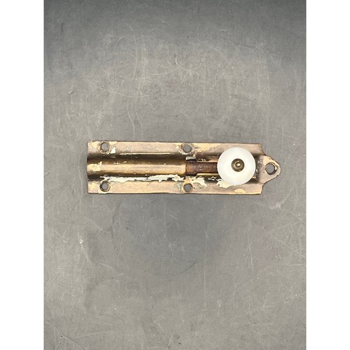 Antique Brass Door Bolt w/ Porcelain Knob Vintage Hardware Rustic Decor 4" Long