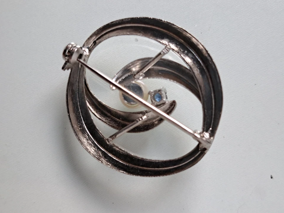 Bella Vecchia Spilla 925 Argento Con Zaffiro E Perla! - Immagine 3 di 4
