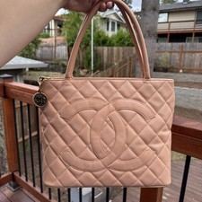 Chanel Medallion Tote Quilted Caviar Peach with Gold Hardware with COA Rare 