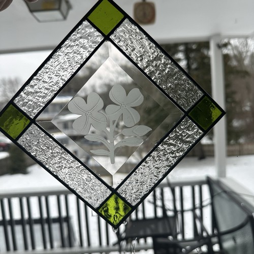 Stained Glass Suncatcher Etched Flower Green Corners Soldered Quality Crafted