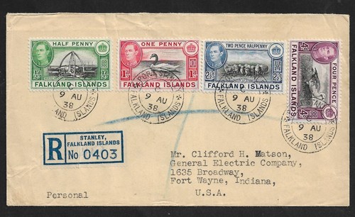 FALKLAND ISLANDS TO US LOCAL SCENES ISSUES ON REGISTERED COVER 1938 - 第 1/2 張圖片