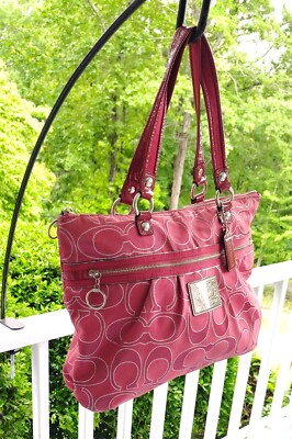 Coach XL 15389 Poppy Ruby Pink Signature C Canvas Tote With