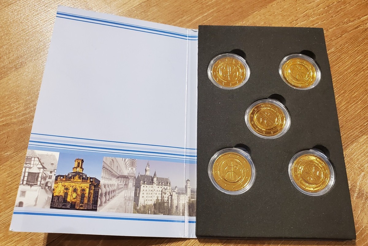5 x 2 EURO MÜNZE - 10 Jahre WWU Gemeinschaftsausgabe 2009 - 24 KARAT  VERGOLDET | eBay.de