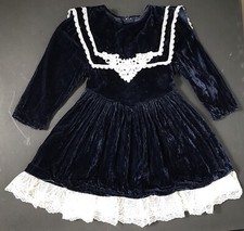 Jessica McClintock Girls 2T Blue Velvet Dress lace trim Made In USA
