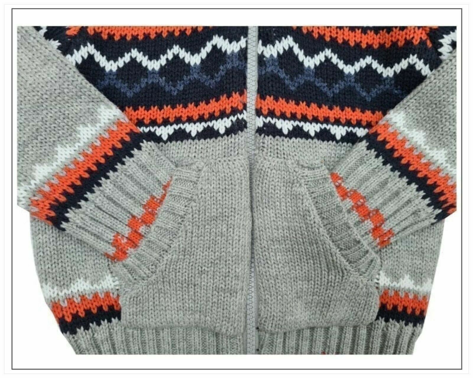 Baby Boys Grey Multi Aztec Chunky Argyle Thick Knit Zip Down High Neck Cardigans image 3