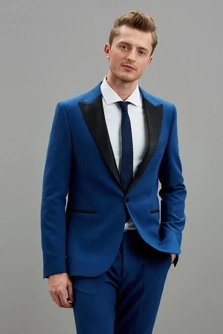 Mens 3 Piece Blue Suit Grooms Wedding Suit Party Wear Dinner Slim Fit Coat  Pants