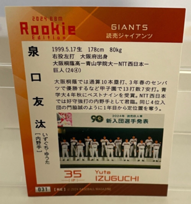 Yuta Izuguchi 2024 BBM Rookie Edition 031 Yomiuri Giants NPB RC