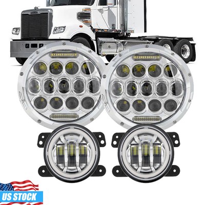 Chrome 7'' LED Headlights Hi-Lo DRL + 4'' Fog Lights For Jeep Wrangler JK 2007-18