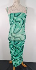 PRETTY LITTLE THING Bodycon Dress Abstract Print Green Ruched Strappy BNWT UK 10
