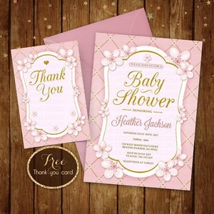 pink white and gold baby shower invitations