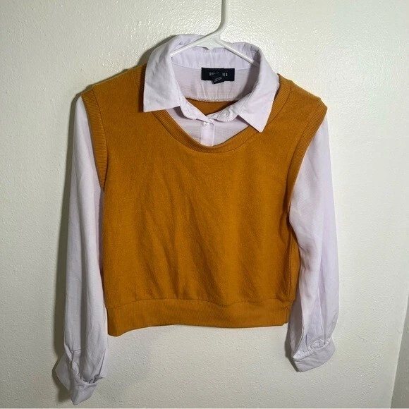 Amy Byer Niñas Talla Grande (14) 2Fer Chaleco Blusa Amarillo Mostaza Blanco Cuello Largo Foto 3 de 4