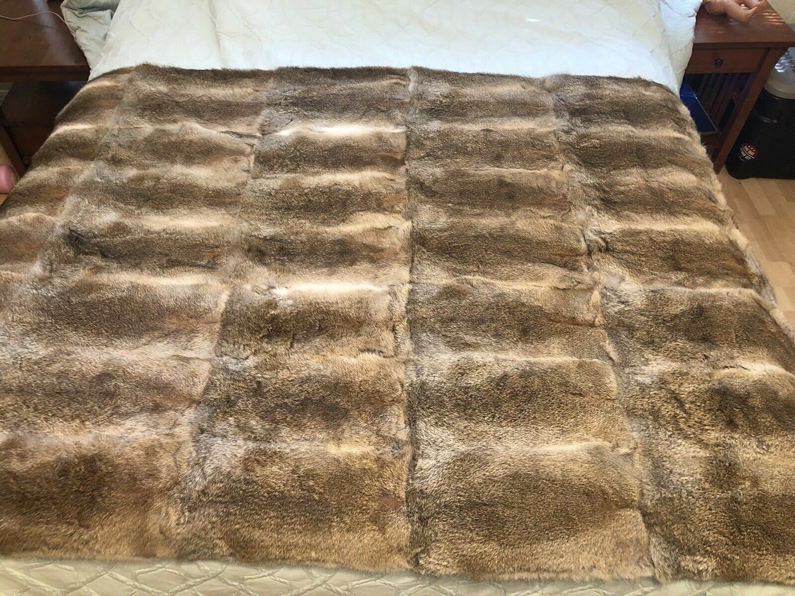 100% Real Fur Throw Rabbit Fur Blanket Carpet Luxury Warm Bedspread Natural Tan