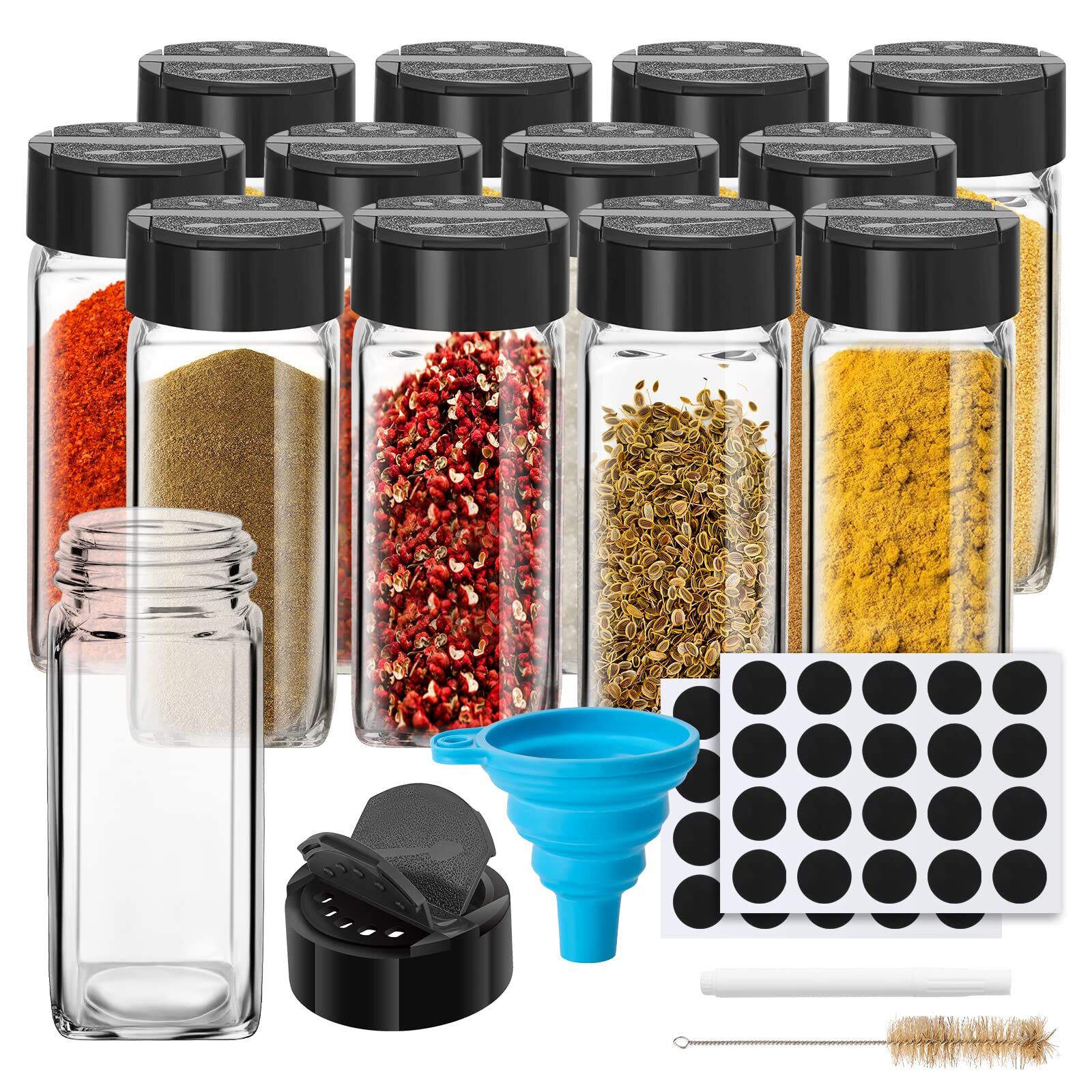 12 Pack 4oz Glass Spice Jars with Labels for Kitchen Storage