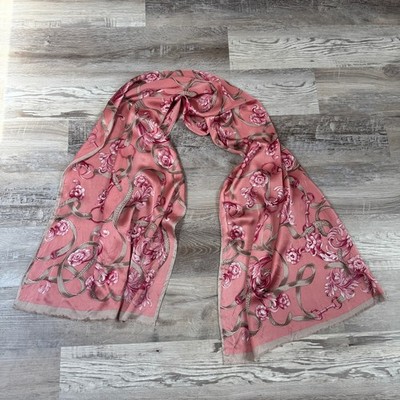Vintage Pink 100% Silk Floral Equestrian Scarf Coquette Wrap