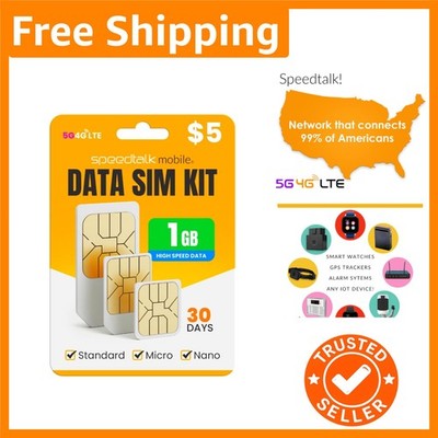 Data SIM Card Kit - 1GB 4G LTE Internet with No Contract & Live Support Access