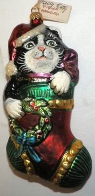 Slavic Treasures ''Cat in Stocking'' Blown Glass Ornament Handmade in Poland 8''
