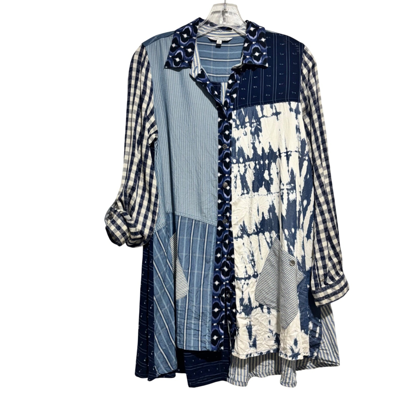 JOHN MARK Patchwork Blue White Gingham Stripe Tie… - image 1