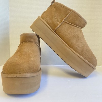 UGG Women's Classic Ultra Mini Platform Boots Chestnut Suede Shearling Lined 9