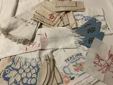 15 VINTAGE EMBROIDERED LINENS TABLECLOTHS TOWEL PILOW CASES NAPKINS LOT
