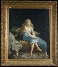 19th CENTURY LARGE FRENCH OIL ON CANVAS - GIRL IN INTERIOR - INDISTINCTLY SIGNED