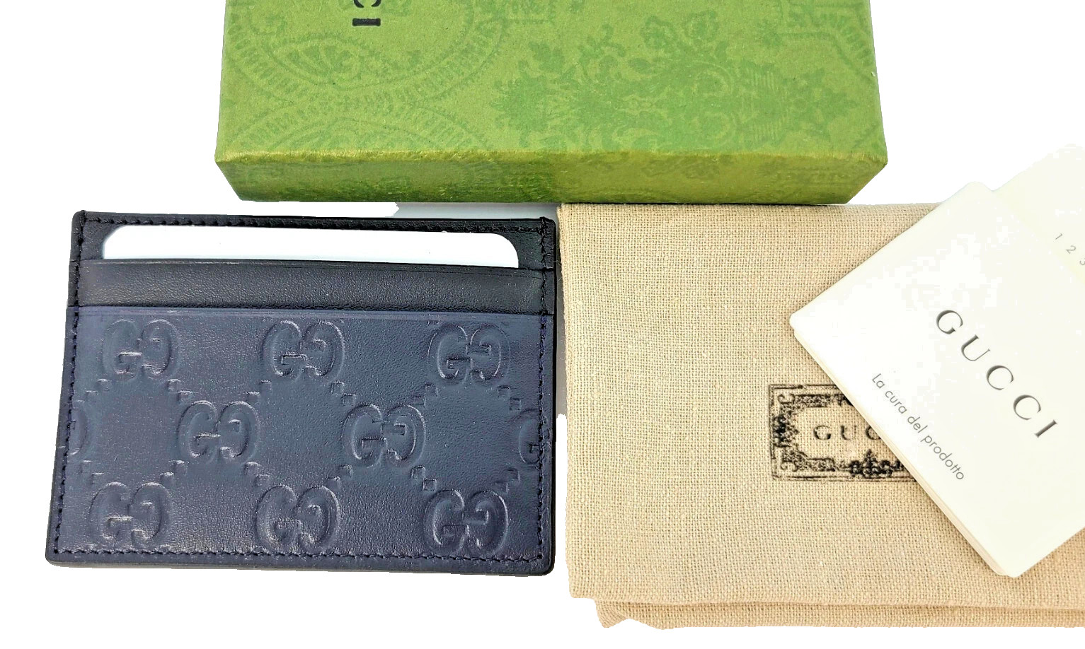 Authentic Gucci Guccissima Leather Card Holder Case Dark Blue/Black New