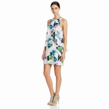Zapa Basic Floral Watercolor Mini Dress Medium Blue Green Pink Halter Tiered