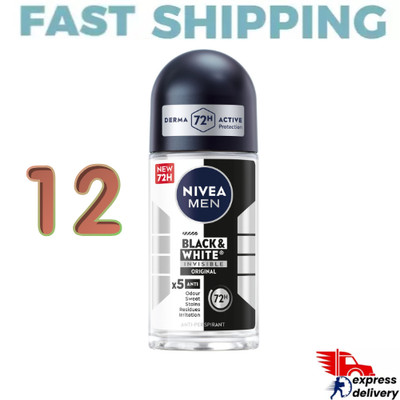 12X NIVEA MEN Black & White Invisible Anti-Perspirant Roll-On 50ml 72 H