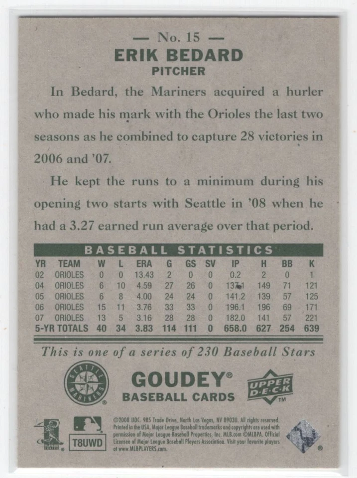 2008 Upper Deck Goudey Erik Bedard Seattle Mariners #15 - Image 2 of 2