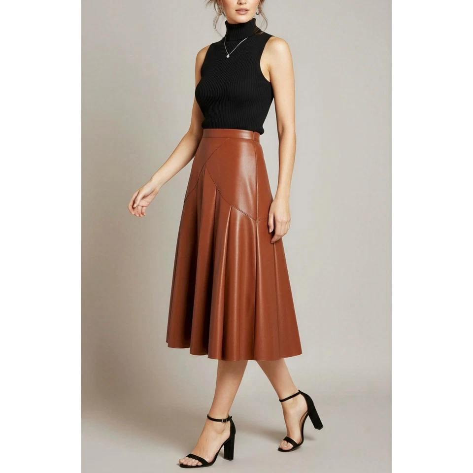 $130 NUEVO CON ETIQUETAS MAEVE x ANTHROPOLOGIE Mariska Falda Midi de Cuero Sintético, Marrón, 8 (EE. UU.) Foto 3 de 4