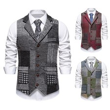 Vintage Splicing Men's Vest Tweed Waistcoat for Wedding Tuxedo Prom Formal Vest