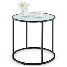 50cm Round Side Table Faux Marble Glass Top Steel Frame White Black Accent