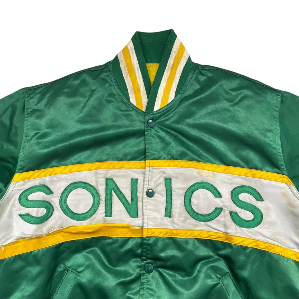 CHAQUETA SATINADA RARA DE COLECCIÓN AÑOS 80 90 NBA SEATTLE SUPERSONICS STARTER HECHA EN EE. UU. L Foto 2 de 4