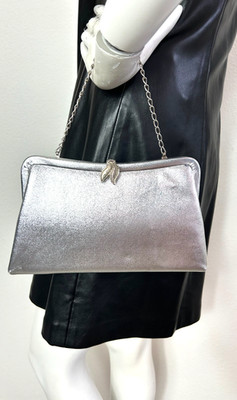 Vintage 50s Hinge Leaf Clasp Tapestry Shinny Clutch Purse Silver Framed Chain