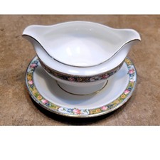 Antique Porcelain Gravy Boat with Saucer Floral Gold Trim