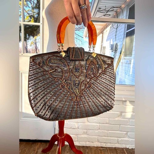 Vintage Artisan Beaded bag Tortoiseshell Handle