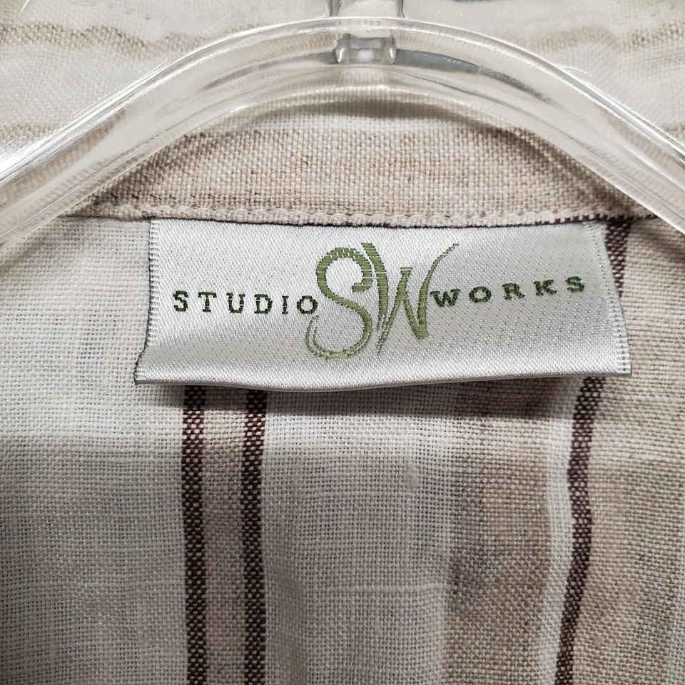 Studio Works 亚麻衬衫女式小号米色条纹卷袖纽扣前襟 — 第 3/4 张图片