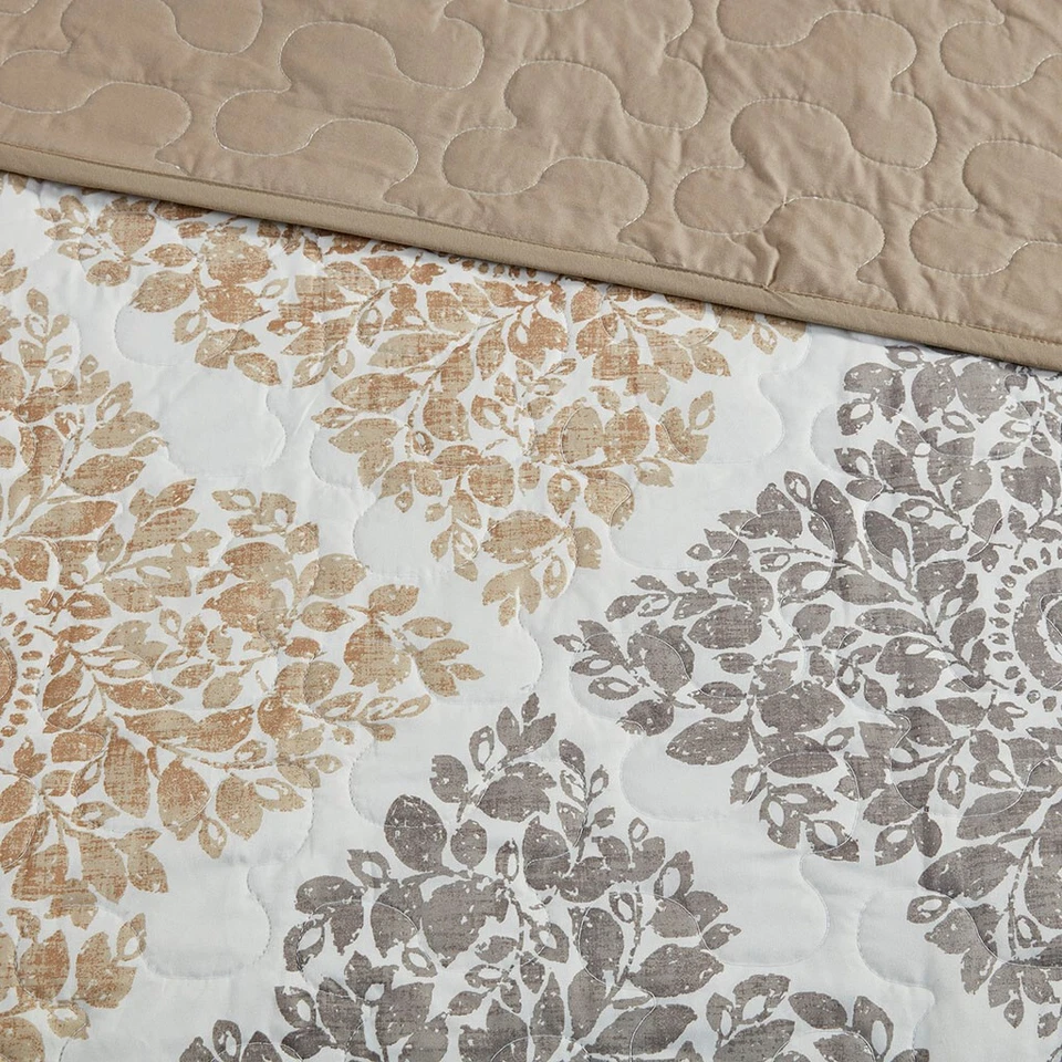 CLAIRE BOHO 6pc Queen QUILT SET : BROWN MEDALLION FALL FLORAL TAUPE LEAF DIAMOND - Image 3 of 4