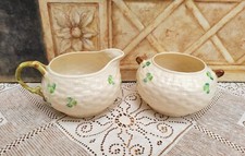 Vintage Belleek Porcelain Milk Jug & Sugar Bowl Shamrock Basket Weave